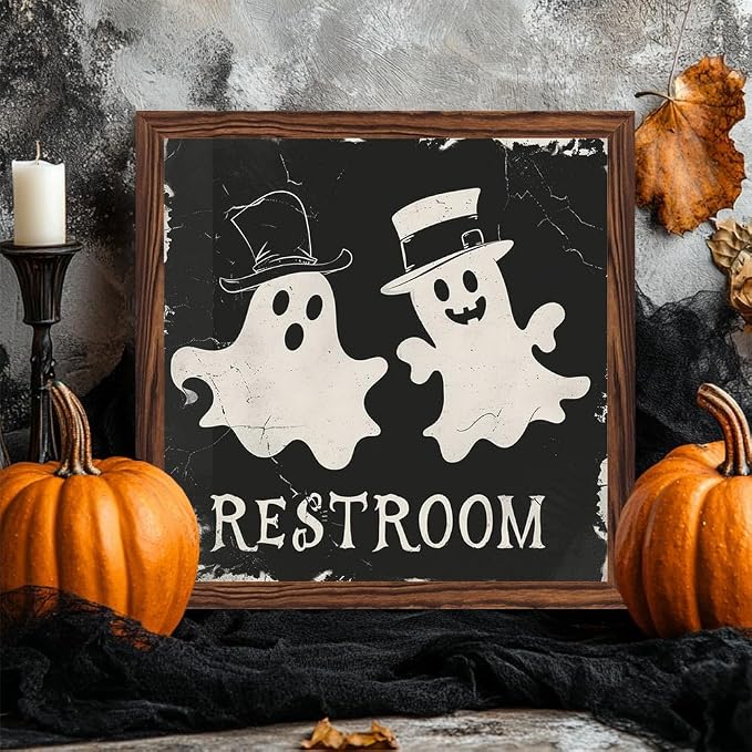 Vintage Halloween Cute Ghosts Bathroom Decor Restroom Wooden Sign 7.87x7.87 Inch, Halloween Wall Art Wooden Sign For Bathroom, Cafe, Bar, Office Hanging Decor - Image 2