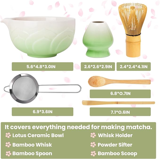 Matcha Whisk Set, Lotus Gradient Green Ceramic Matcha Set Includes Matcha Bowl, Matcha Whisk (Chasen) and Holder, Sifter, Bamboo Scoop & Spoon - 6 Pcs Matcha Kit for Matcha Lovers