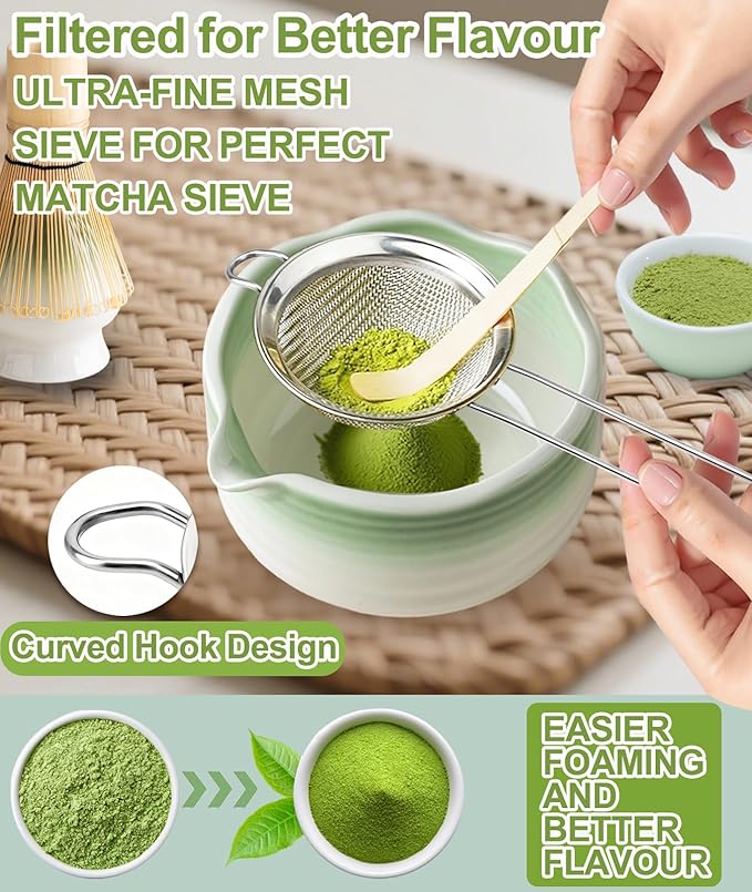 JBER Matcha Whisk Set, Ceramic Matcha Kit Includes Bowl with Spout, Matcha Whisk (Chasen) and Holder, Sifter, Scoop, Spoon & Rest - 7PCS Matcha Set for Matcha Lovers Ceremony, Gradient Light Green