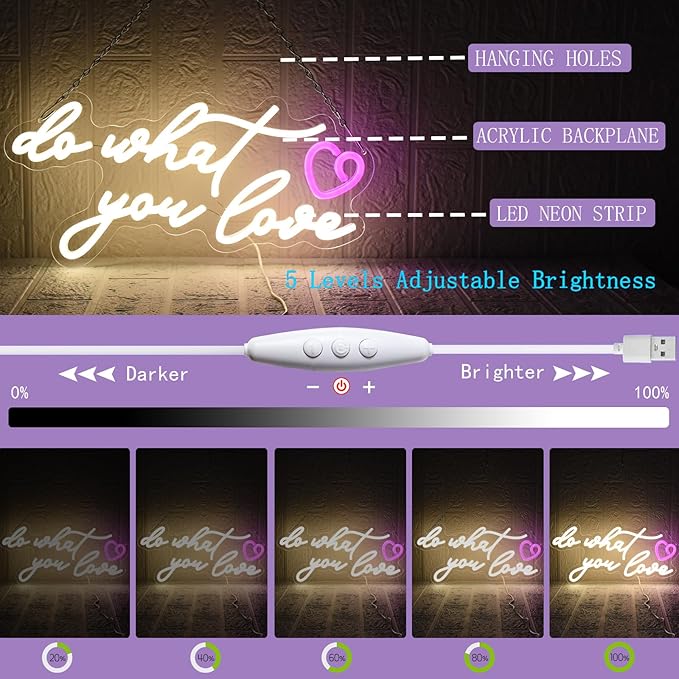 Do What You Love Neon Sign for Wall Decor, Warm White Letters Neon Light Dimmable USB Powered LED Sign for Bedroom Home Bar Wall Decor Anniversary Valentine's Celebrations Wedding Party