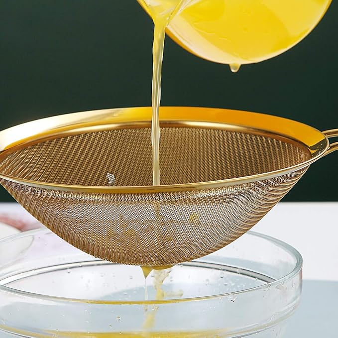 Kyraton Gold Fine Mesh Strainer 3 Pieces Set, Golden Flour Sifter For Baking, Stainless Steel Clander, Matcha Tea Strainer, Gravy Separator, Stasher Sieve Pasta Strainers