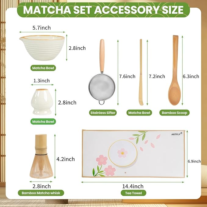 Matcha Set, 7-Piece Japanese Matcha Kit with Ceramic Bowl, Bamboo Whisk, Ceramic Whisk Holder, Stainless Steel Sifter, Chashaku Scoop, Bamboo Spoon and Tea Towel