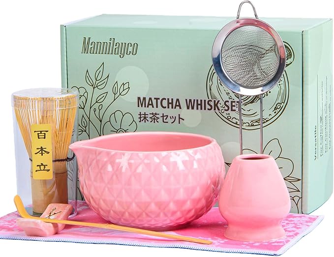 Matcha Whisk Bowl Set, 7PCS Japanese Matcha Kit with Spout Bowl Bamboo Whisk Stand Scoop Sifter Accessories for Tea Ceremony Latte, Gifts for Family,Friends
