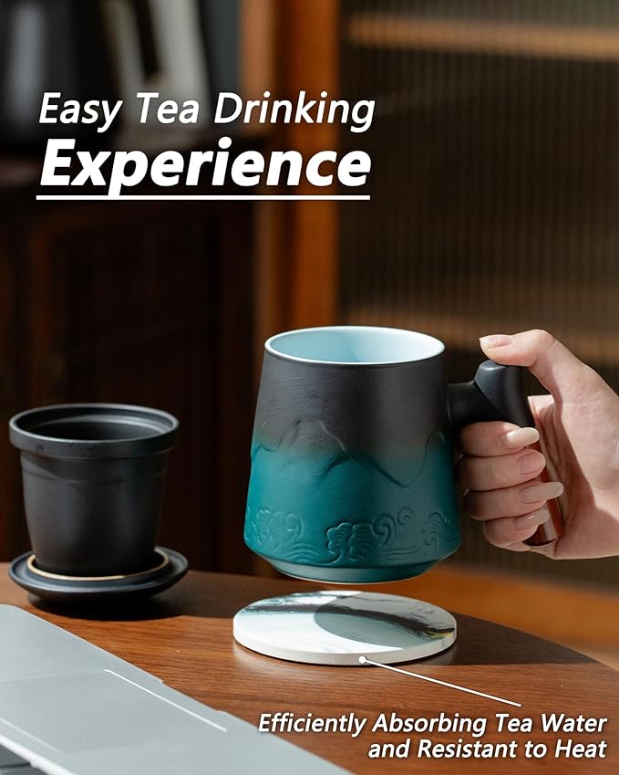 ZENS Tea Mug with Infuser and Lid for Loose Leaf Tea Steeper, 15.2oz Wood Handle Ceramic Tea Cup with Fine Strainers and Absorb Coaster for Tea Lovers Gifts