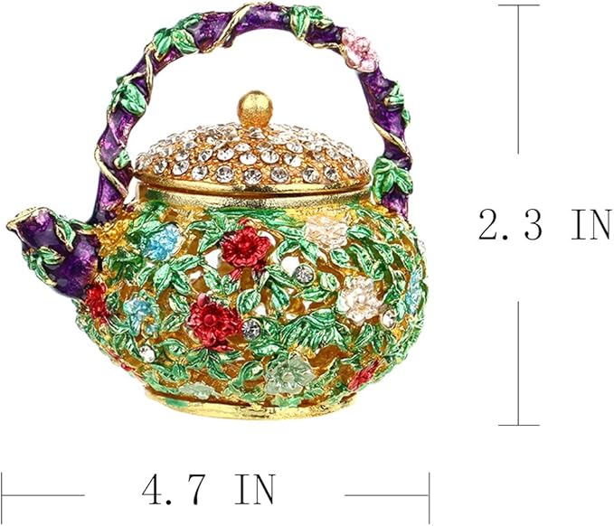 YU FENG 4.7inch Mini Teapot Trinket Box Hinged For Girls Ring Holder Handmade Ring Holder Dish Decorated (teapot) Christmas Gift
