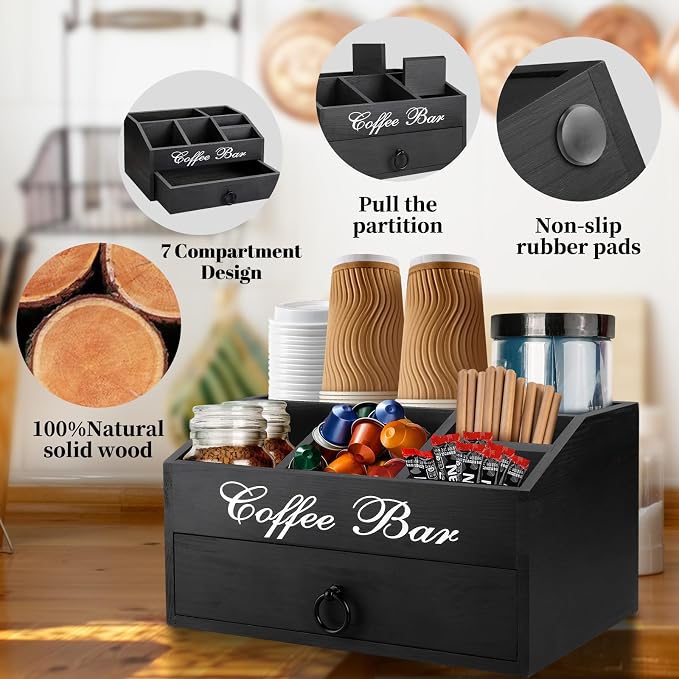 Coffee Station Organizer Pods Holder with Drawer, Farmhouse Wood Coffee Bar Accessories Decor and Tea Condiment Basket for Countertop - Image 3