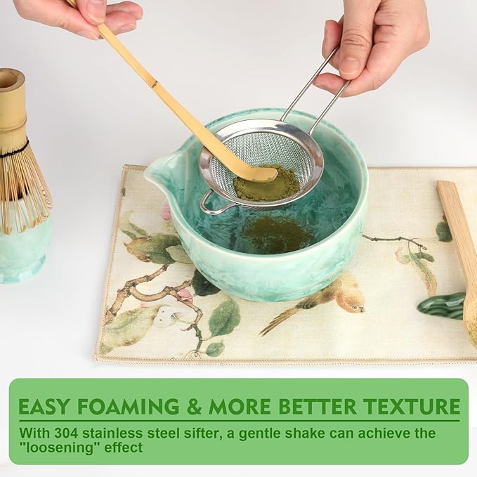 Matcha Whisk Set, Ceramics Macha Kit Includes Bowl with Spout, Matcha Whisk and Holder, Bamboo Scoop, Scoop Rest, Sifter and Tea Towel - 7 Pcs Tea Powder Shaker Kit