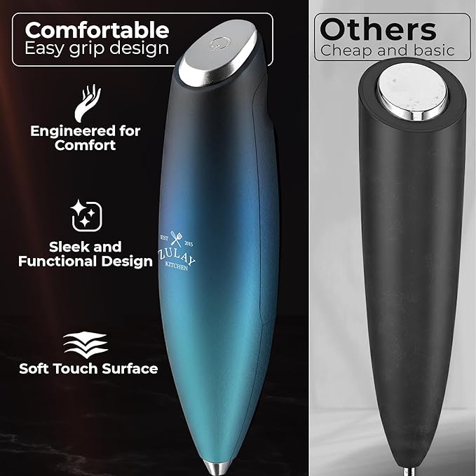 Zulay Kitchen Patented Tornado Triple Whisk Milk Frother with 4 Duracell Batteries – Handheld Foam Maker for Coffee, Lattes, Matcha & Hot Chocolate – Rich, Creamy Froth in Seconds