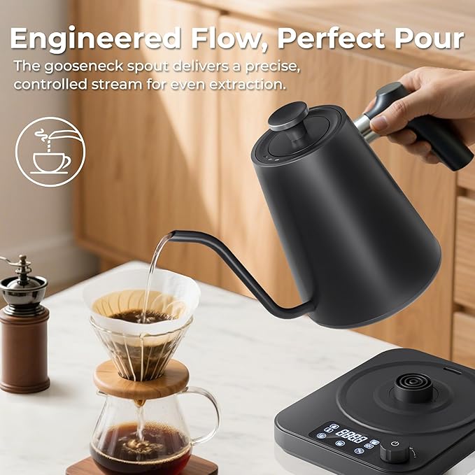 Gooseneck Electric Kettle, ±1°F Temperature Control, Smart Altitude Adaptation, 24H Keep Warm, 30-Min Auto Memory, Food Grade Stainless Steel, Pour Over Kettle for Coffee and Tea, 1200W/1.0L