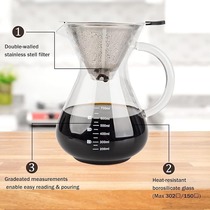 T-mark Pour Over Coffee Maker with Reusable Double-layer Stainless Steel Filter, 800ml/27oz BPA-Free Glass Coffee Carafe, Glass Coffee Maker, Coffee Dripper Brewer.