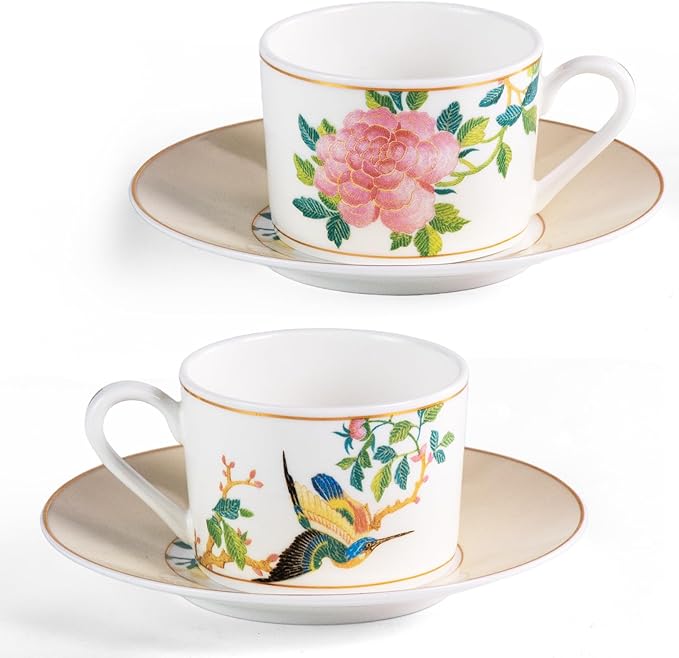 KAMMAK Tea Cups and Saucers Set of 2, Fine Bone China Coffee Cups, Stackable Espresso Mugs, Ceramic Demitasse for Coffee, Cappuccino, Latte, Americano, Tea, Embroidered Peony