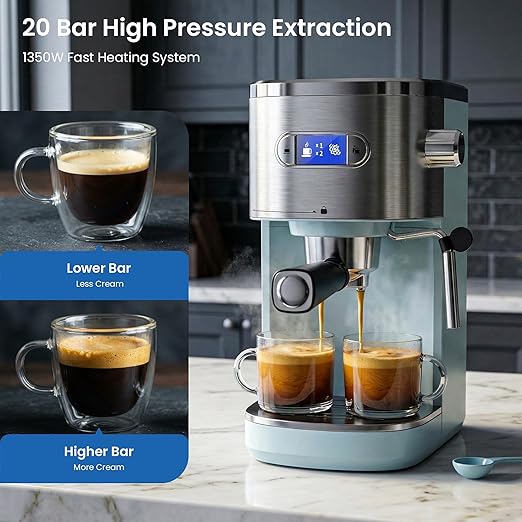COWSAR Espresso Machine,Expresso Coffee Machines,Espresso Maker with Milk Frother Steam Wand & 40oz Removable Water Tank，Stainless Steel Compact Cappuccino & Latte Machine