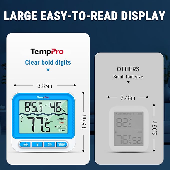 TempPro Waterproof Wireless Pool Thermometer Easy Read, Digital Pool Thermometer Floating for Swimming Pool, Hot Tub, Cold Plunge, Pond with 2 IPX8 Water Temperature Monitor (Previously ThermoPro)
