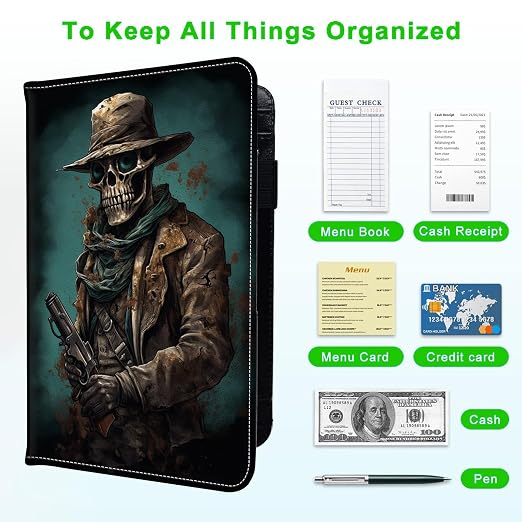 Server Books for Waitress, with 7 Large Pockets, Waiter Serving Book, Waitstaff Server Order Pads, Cute PU Leather Server Book with Pen Holder Fit Server Apron, Skull Cowboy with Gun - Image 5