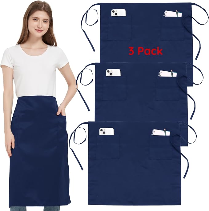 3 Pack Waist Apron with 3 Pockets, Unisex Black Waiter Aprons, Water Resistant Server Aprons for Restaurant Chef Bar by FunChaos