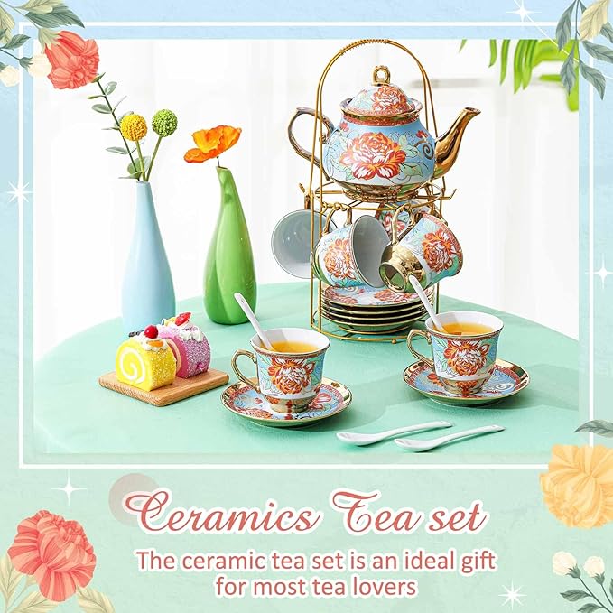 Zhehao 20 Pcs Porcelain Tea Set with Metal Holder and Spoon Adult Ceramic Tea Set European Flower Painting Teapot Cup Saucer Spoon for Women, Large Version(Retro Style)