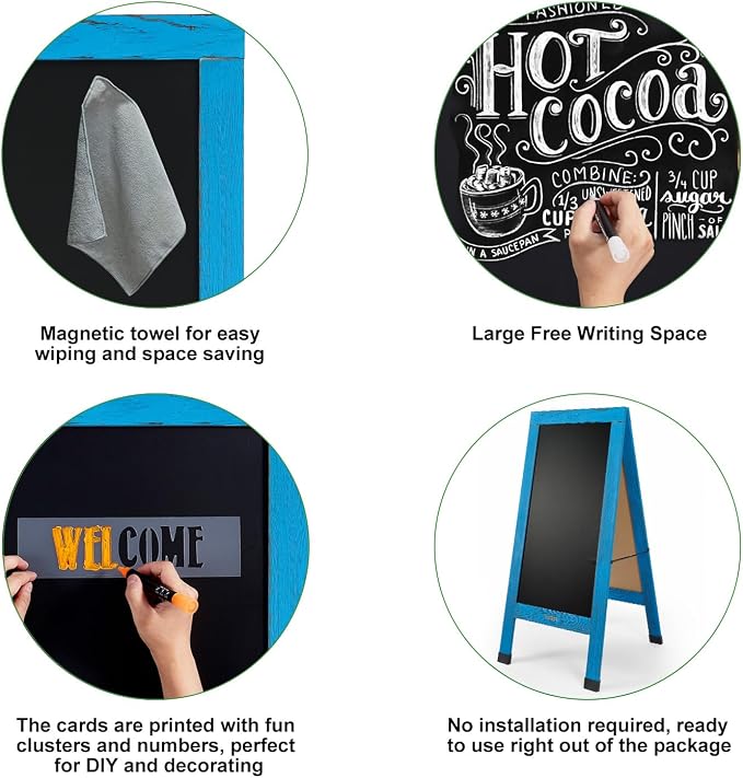Large Sandwich A-Frame Chalkboard Sign - 40 x 20 Inches Blue Magnetic Wooden Chalk Board for Sidewalk, Stand up Double-Sided Outdoor Easel Display for Restaurant Cafe Shop Wedding Party or Business - Image 6