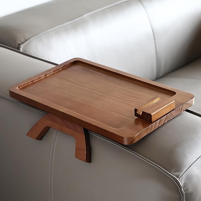 BAMBOO LAND- Couch Arm Tray, Wooden Folding Couch Armrest Table, Rectangular Clip-On Sofa Arm Tray with 360° Rotating Phone Holder