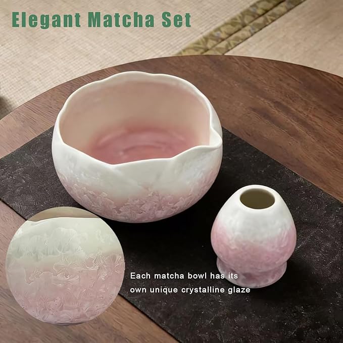Matcha Set, 8Pcs Crystalline Glaze Ceramic Matcha Kit with Matcha Whisk, Holder, Scoop, Scoop Rest, Sifter, Spoon and Tea Towel - Thoughtful Matcha Whisk Set Gift for Matcha Lovers (Pink)