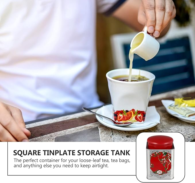 BESPORTBLE Red Tinplate Tea Canister with Airtight Double Lids - Square Sealed Storage Container for Loose Tea, Coffee, Spices, and Candy - 4.01X4.01X5.90In