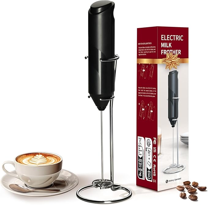 YSSOA Electric Milk Frother Handheld with Stainless Steel Stand Battery Operated Whisk Drink Mixer for Coffee, Frappe, Latte, Matcha, Hot Chocolate, Mini Hand Blender, Black