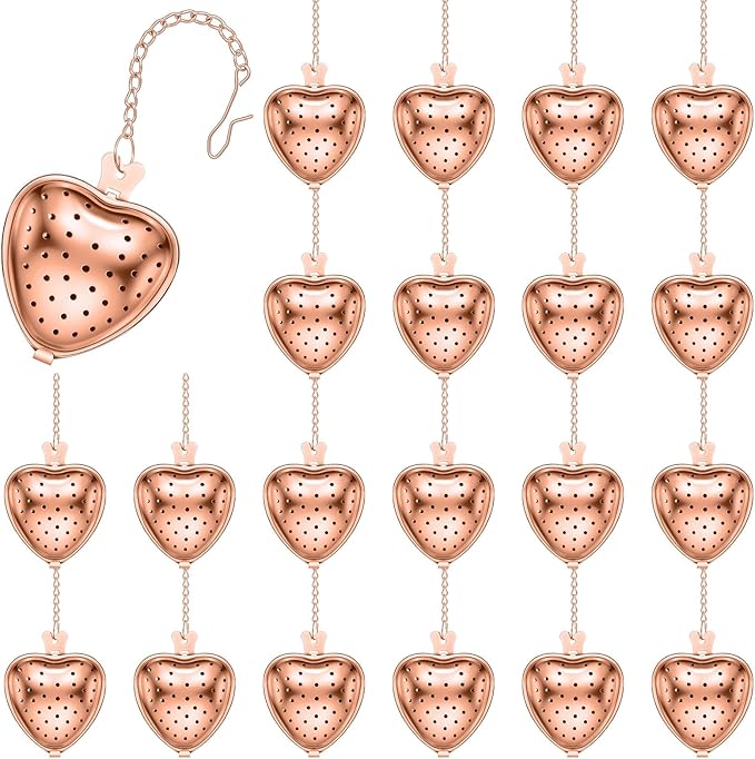 Sumind 25 Pcs Heart Tea Strainer Stainless Steel Ball Infuser Loose Leaf Steeper Interval Diffuser Mesh Filters with Extended Chain Hook for Cup Bottle Tea Party Wedding Bridal Shower(Rose Gold)