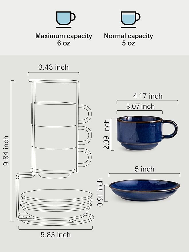Gomakren 6 Ounce Cappuccino Cups with Saucers and Metal Stand, Stackable Coffee Cup Set of 4, Valentine Porcelain Espresso Cups for Coffee Drinks, Cappuccino, Latte, Americano, Tea, Cobalt Blue