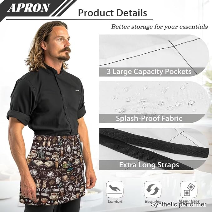 Waist Apron with 3 Pockets Waterproof 13 Inch Short Half Waist Aprons Women Men Server Aprons Waitress Waiter Apron - Image 6