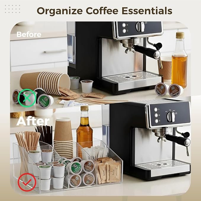 ZALIR Acrylic Coffee Bar Organizer, Coffee Bar Station Organizer for Countertop, Transparent Coffee Station Organizer, Countertop Bar Accessories for Pods, Sugar, Creamer Syrup, Tea Bags Storage - Image 3