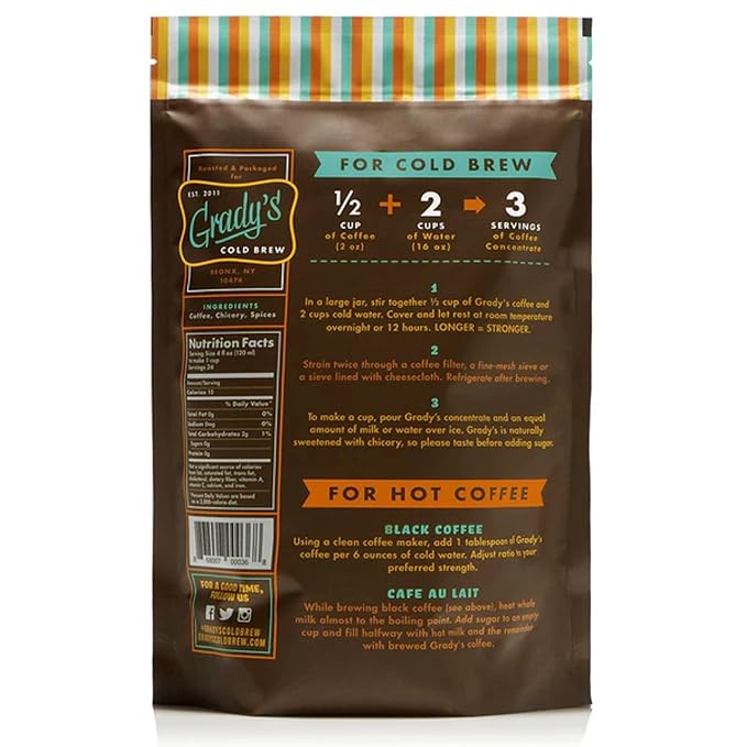 GRADY'S COLD BREW, New Orleans Style, 100% Arabica Medium Dark Roast Coffee & Chicory, Ground for Hot Coffee and Cold Brew, One pound bag