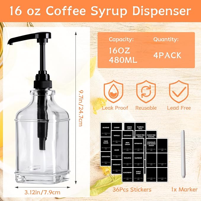 BIGIVACA 4 Pack Coffee Syrup Dispenser 16 oz,Clear Glass Syrup Bottle with 1/4oz Capacity Pump,Syrup Dispenser for Coffee Bar with Plastic Pump - Image 2