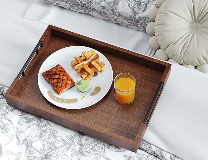 Bamboo Serving Tray with Metal Handles,17x12in Ottoman Decorative Trays Platter for Coffee Table,Living Room,Bar,Party,Large(Brown)