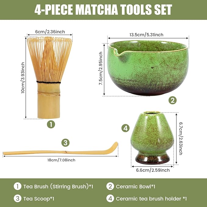 4Pcs Matcha Whisk Set Elegant Japanese Matcha Tea Set Matcha Making Kit with 500ml Ceramic Matcha Bowl Matcha Whisk Holder Bamboo Matcha Whisk and Matcha Scoop for Tea Lovers (Green)