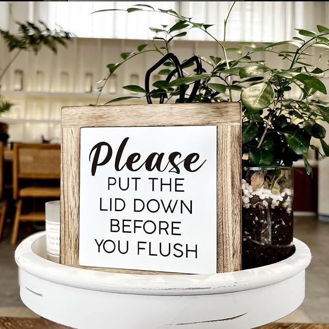 Rustic Pine Wooden Box Sign, 5.9x5.9x0.7in, Home Decor, Words & Quotes, Tabletop Mount, Please Put The Lid Down Before You Flush - Image 4