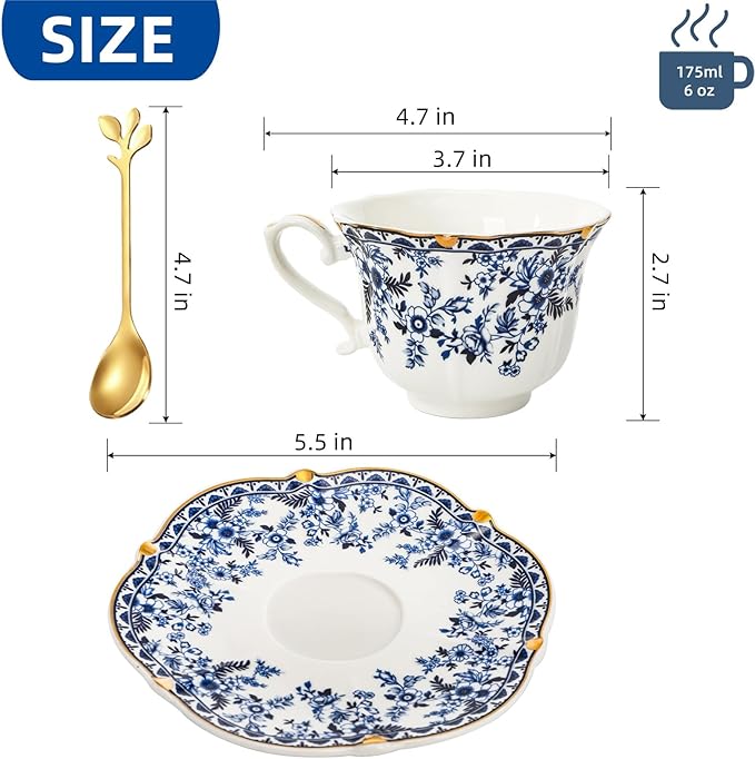 Porcelain Tea Cups and Saucers Set of 2, 6 Oz Vintage Country Roses Bone China Tea Cup with Gold Trim, Spoon, 6 Pieces Coffee Cappuccino Mugs for Women, Tea Parties, Wedding Gifts