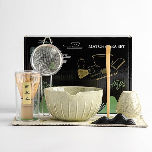 Matcha Whisk Set - 7PCS matcha kit ，Matcha Bowl with Spout, Bamboo Whisk with Ceramic Holder, Macha Scoop and Sifter, Matcha Kit for Ceremony, Gift for Matcha Lovers Green matcha set