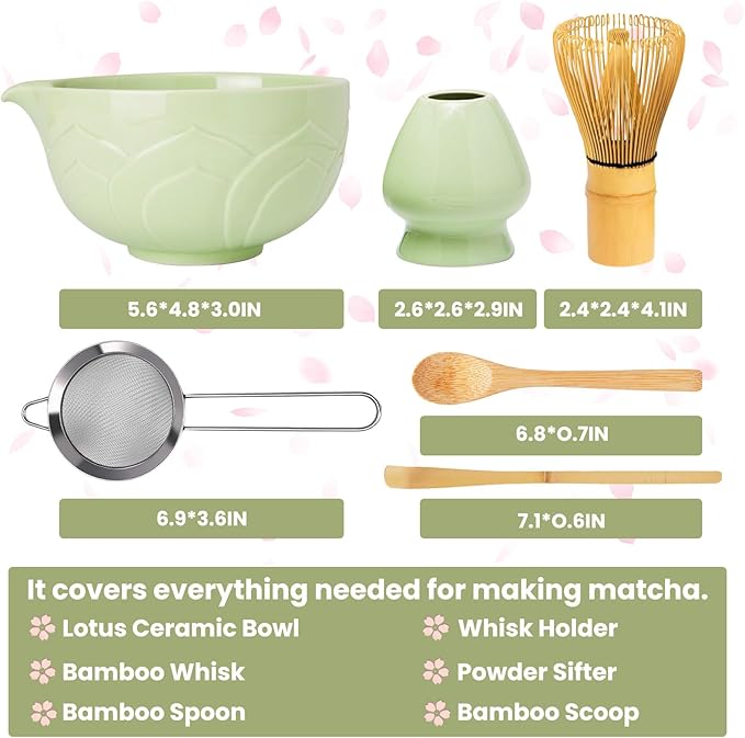 Matcha Whisk Set, Lotus Green Ceramic Matcha Set Includes Matcha Bowl, Matcha Whisk (Chasen) and Holder, Sifter, Bamboo Scoop & Spoon - 6 Pcs Matcha Kit for Matcha Lovers