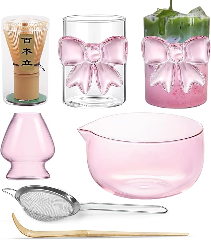 Pink Matcha Set Whisk, matcha Bowl with Spout,Glass Bow Matcha Cup for Iced Coffee Matcha Latte,Sifter,Bamboo Whisk Holder,Scoop 6pcs Cute Matcha Kit Japanese Tea Set Ceremonial Gifts