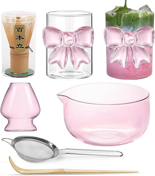 Pink Matcha Set Whisk, matcha Bowl with Spout,Glass Bow Matcha Cup for Iced Coffee Matcha Latte,Sifter,Bamboo Whisk Holder,Scoop 6pcs Cute Matcha Kit Japanese Tea Set Ceremonial Gifts