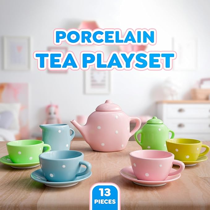 Lollipop Porcelain Tea Set for Little Girls | Kids Tea Party Toy with Teacups and Saucers | Delightful Girls Tea Set for Ages 4-12 | Charming Porcelain Tea Cups for Childs -13 pcs Teacups Sets