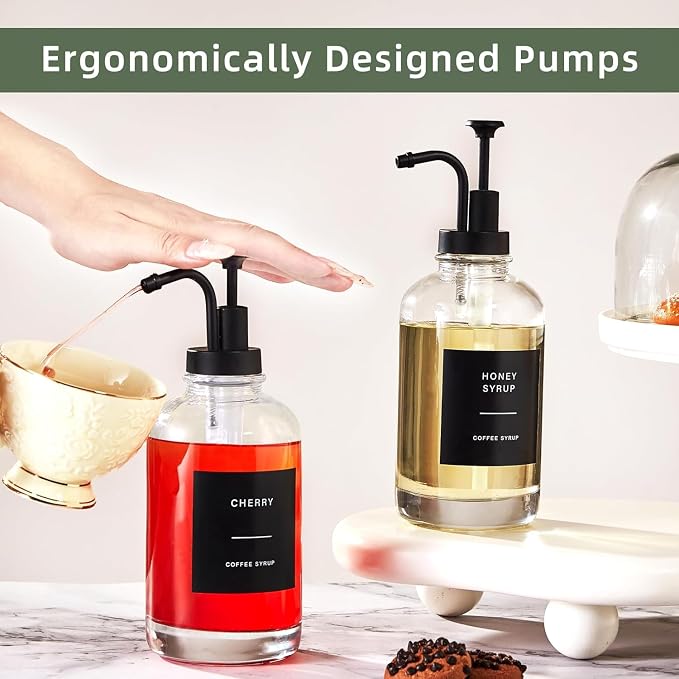 Coffee Syrup Dispenser for Coffee Bar 4Pack Coffee Syrup Pump Dispenser Accessories (500ml) 16.9 oz Glass Syrup Dispenser with 36 Labels,Coffee Syrup Bottles with Matte Pump Black - Image 7