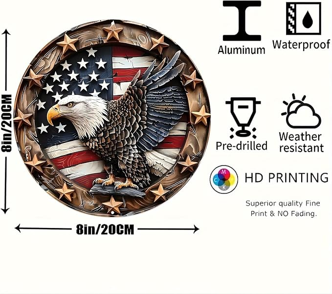 Eagle Wings Patriotic Aluminum Metal Wall Art - Weatherproof Round American Flag with Bald Eagle Decor, Pre-Drilled HD Print Sign for Home, Garage, Bar, Cafe - 8-Inch Diameter - Image 2