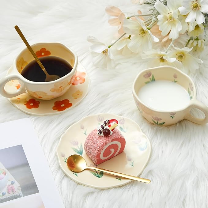 Vesici 4 Set Ceramic Flower Coffee Mug with Saucer Spoon 8.5 oz Vintage Floral Aesthetic Mugs Cute Tea Milk Cup for Women Mom Gift, Dishwasher and Microwave Safe (Mixed Styles)