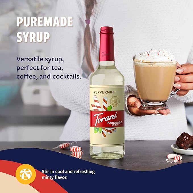 Torani Puremade Syrup, Peppermint Flavoring for Drinks, Glass Bottle with Pump Included, 25.4 Fl Oz