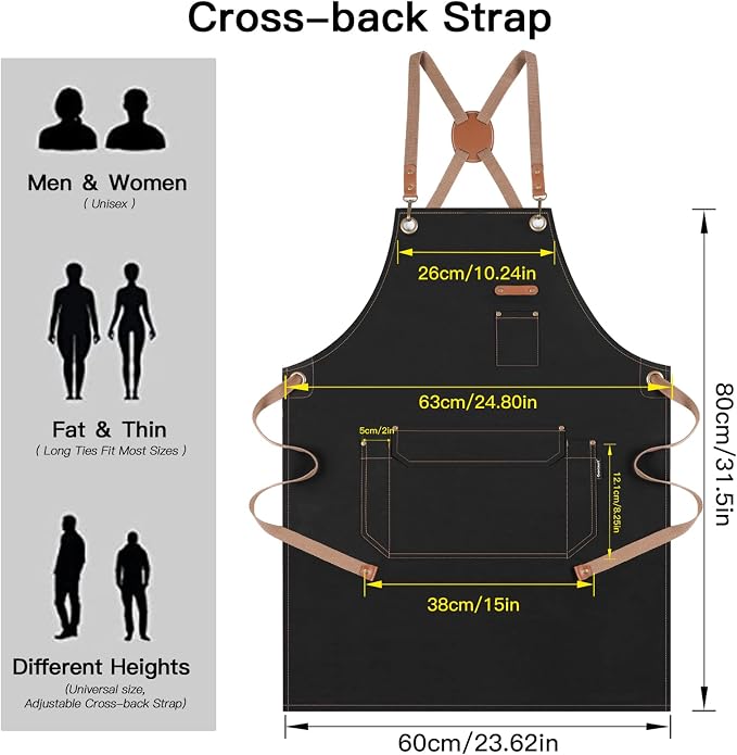 Chef Apron with Cross Back Straps for Men Women, Cotton Canvas Apron for Artists Painting, Kitchen Cooking - Image 3