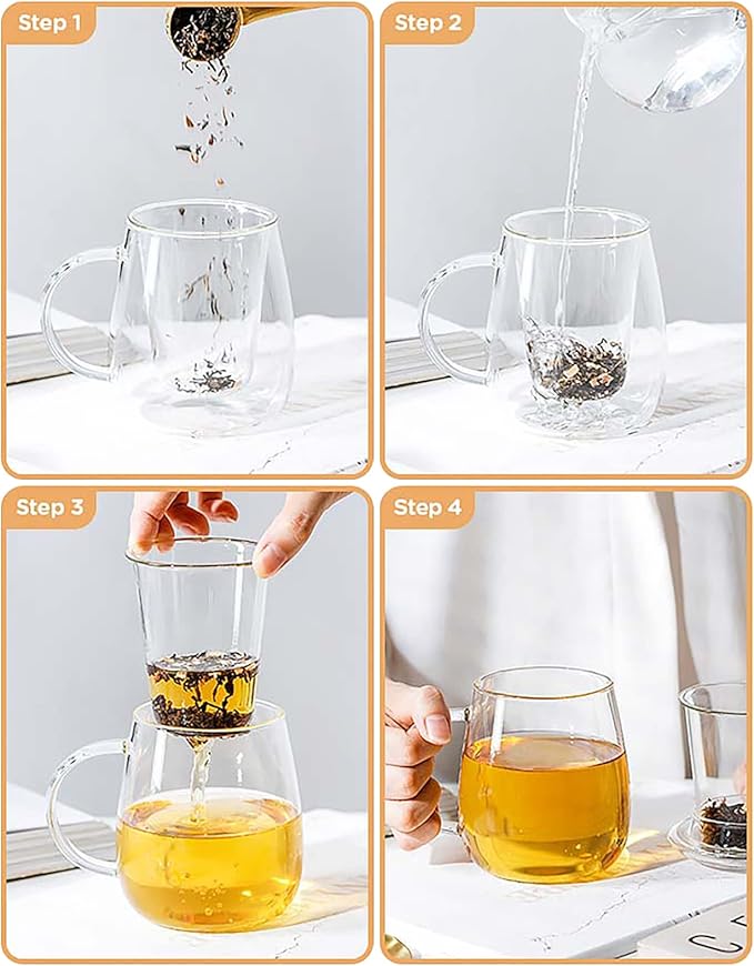Lezero Glass Tea Cup with Strainer and Lid Gift Kit, Borosilicate Infuser Mugs with Filter for Blooming & Loose Leaf Tea, Heat Resistance, Lead-free, Microwave & Dishwasher Safe, 17oz