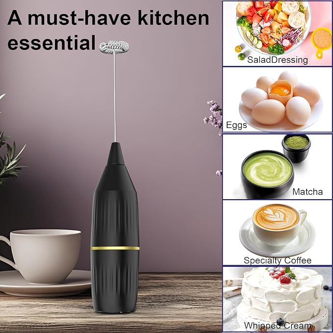 2 Pack Electric Milk Frother Wand (Black) | Powerful Motor for Fast Creamy Froth, Easy Clean | Coffee, Latte, Matcha, Hot Chocolate