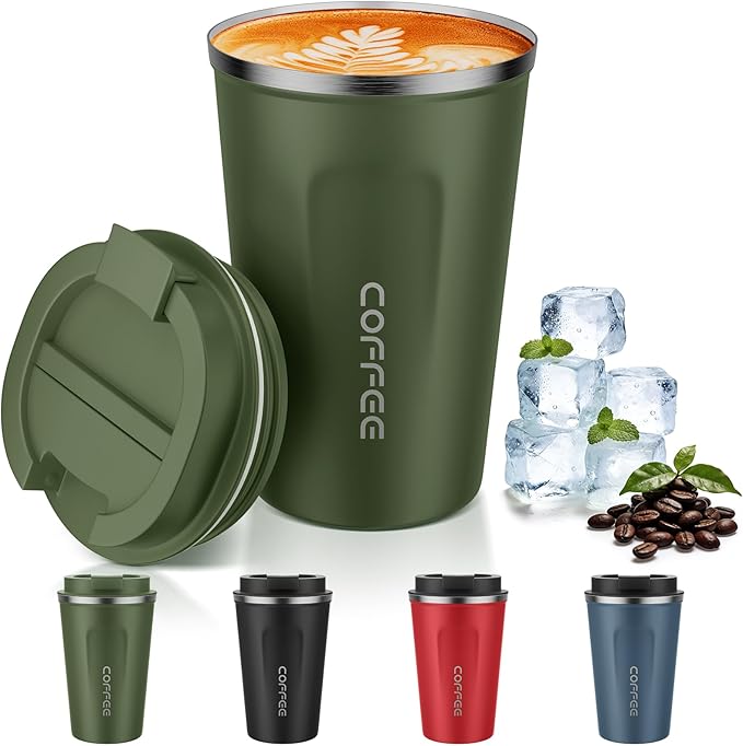 MOMSIV 12oz Travel Mug, Insulated Coffee Cup with Leakproof Lid, Vacuum Stainless Steel Double Walled Reusable Tumbler for Hot and Cold Water Coffee and Tea In Travel and Car Armygreen