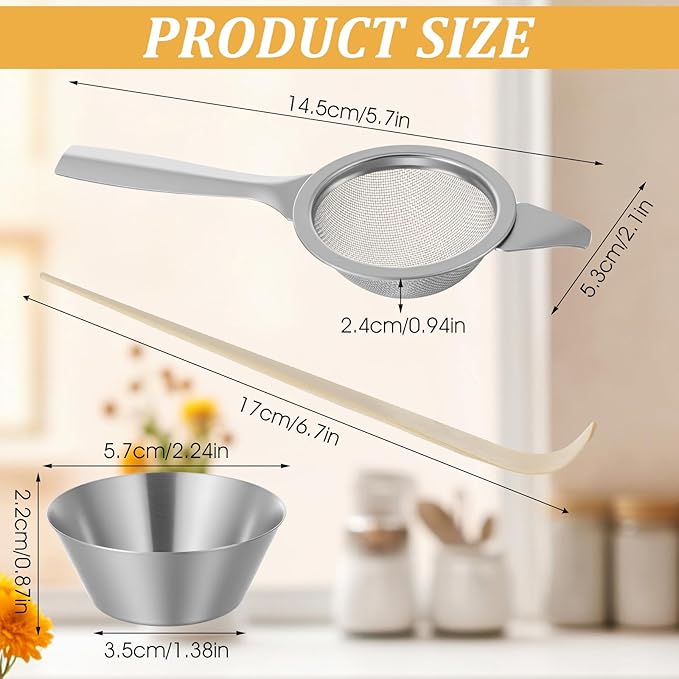 2.2" Mini Matcha Sifter Set, 30 Fine Mesh Matcha Strainer with Handle and Base, Stainless Steel Small Tea Strainer for Loose Tea Coffee Cocktail(Sliver)