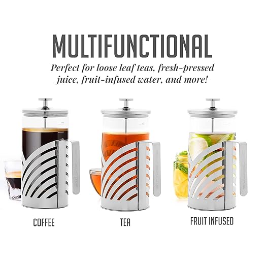 OVENTE French Press Coffee Maker 34 Ounce with Heat Resistant Borosilicate Glass, Stainless Steel Design and 4-Level Filter System, Portable Cold Brewer Pot for Travel, Camping or Gift, Silver FSD34P